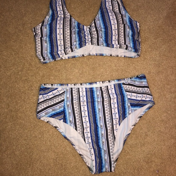 Blue and White High Waisted Bikini - Picture 2 of 2